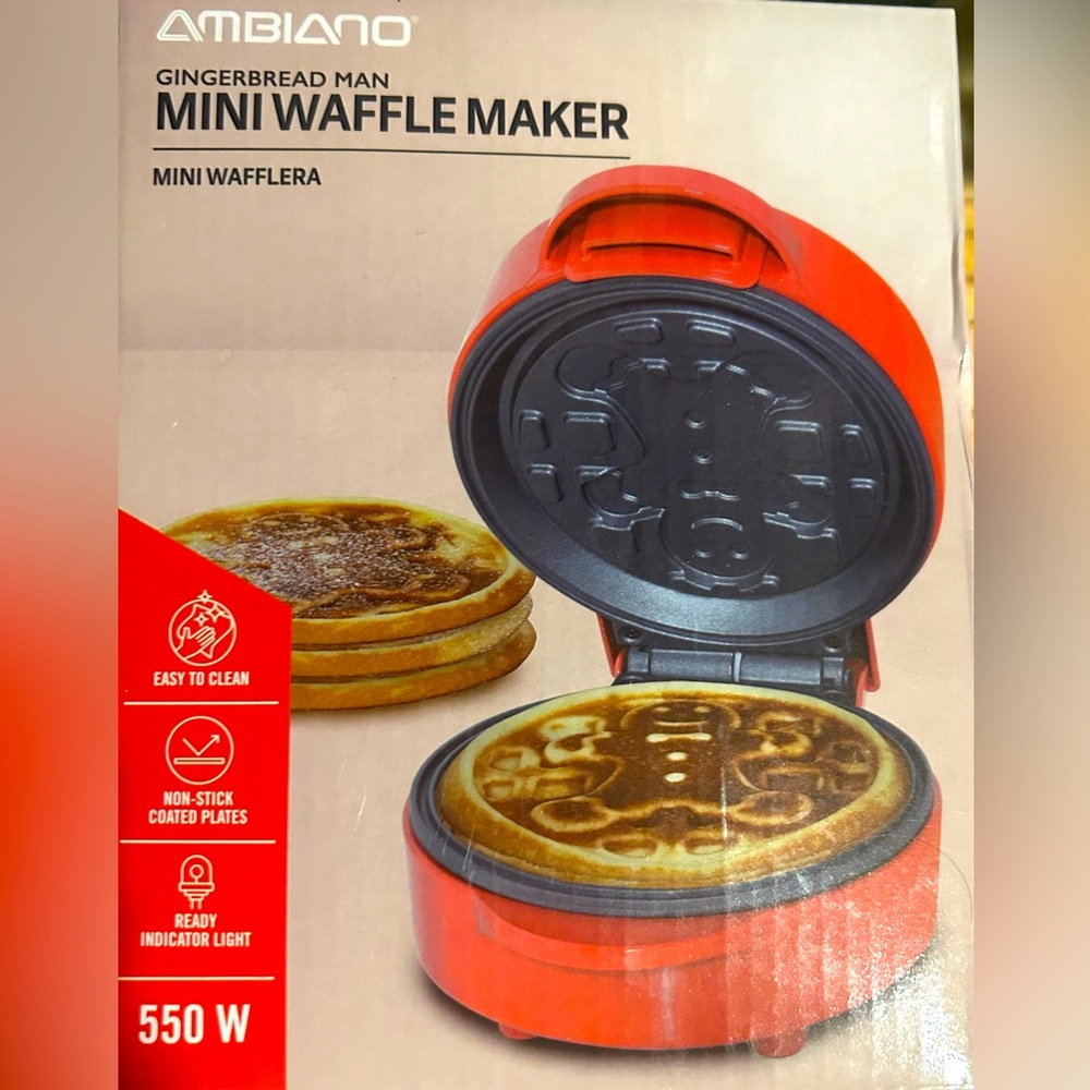 Mini waffle maker New in box Gingerbread man Red gift idea
